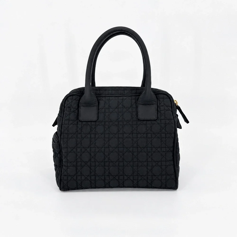 Vintage Dior Lady Dior Nylon Handbag Black Quilted Cannage Gold Charm Classic